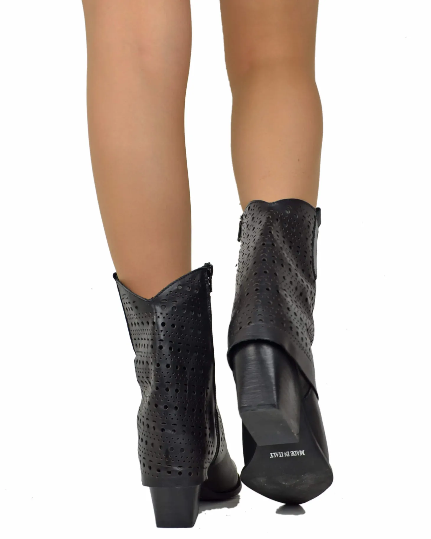 Texan Boots with Perforated Gaiter, 6 cm Heel, Genuine Black Leather