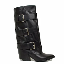 Texani Alti con Ghetta Tre Fibbie Vera Pelle Neri Tacco 6 Cm