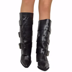 Texani Alti con Ghetta Tre Fibbie Vera Pelle Neri Tacco 6 Cm