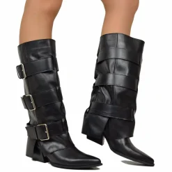 Texani Alti con Ghetta Tre Fibbie Vera Pelle Neri Tacco 6 Cm