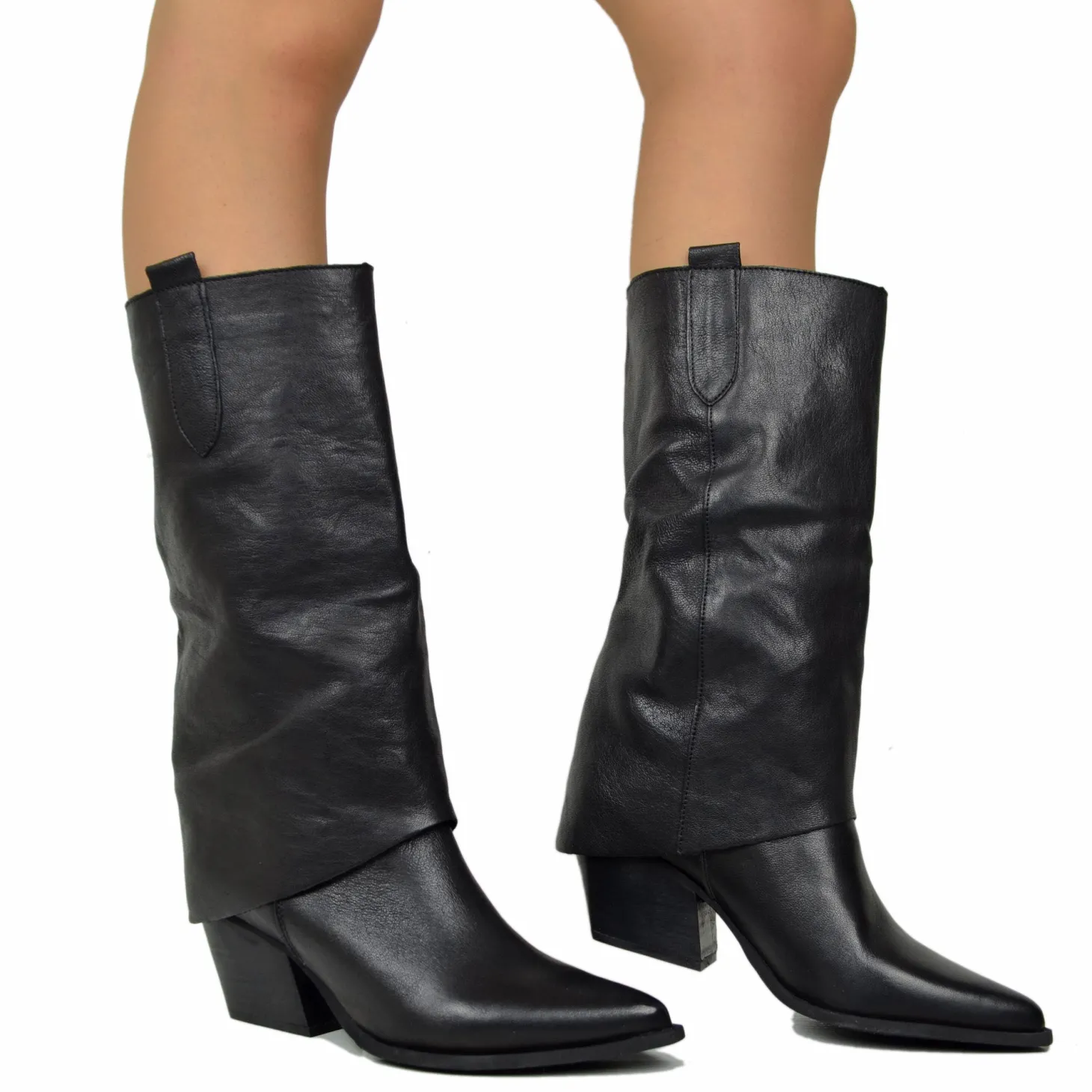 Texani con Ghetta Tacco Medio Vera Pelle Artigianali Black