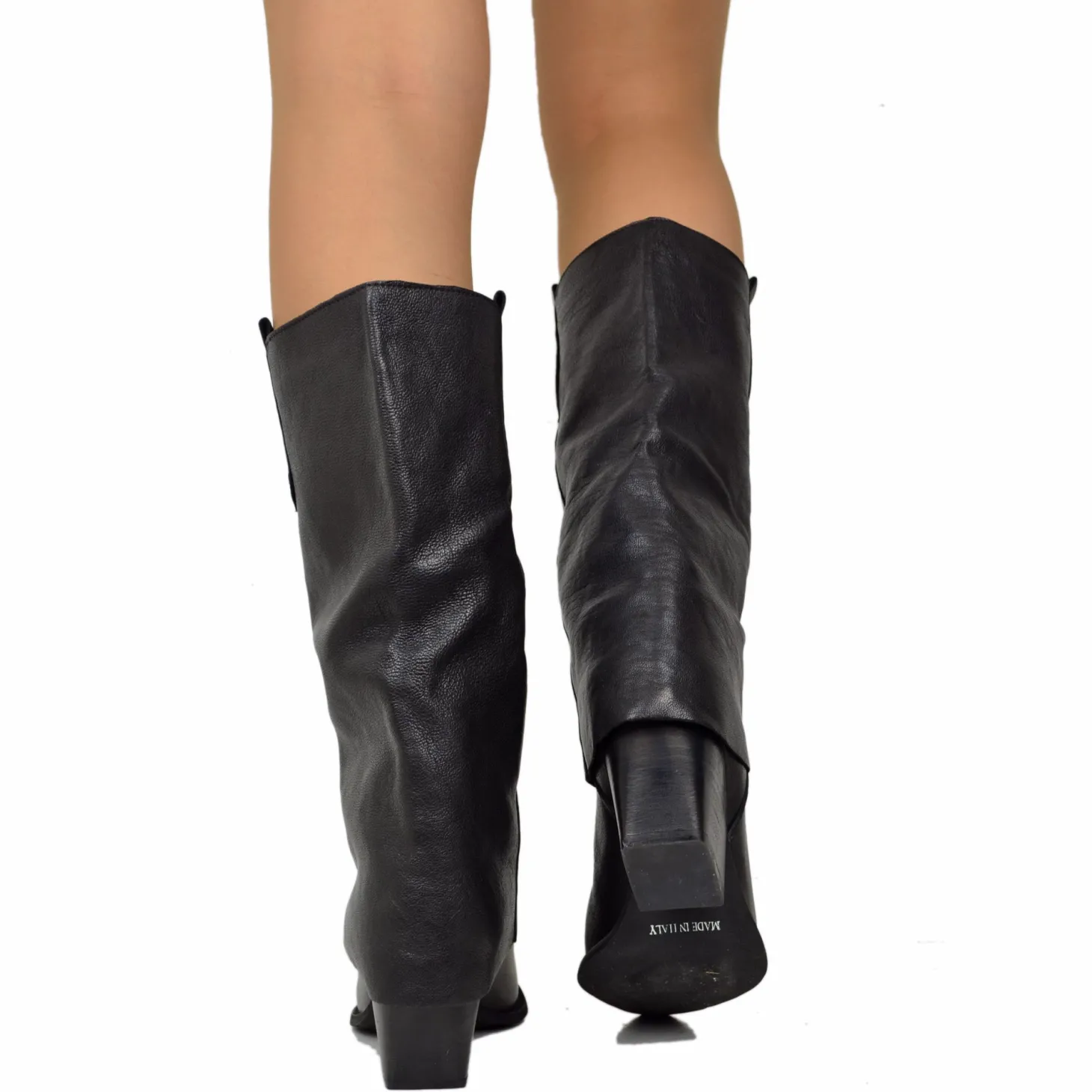 Texani con Ghetta Tacco Medio Vera Pelle Artigianali Black