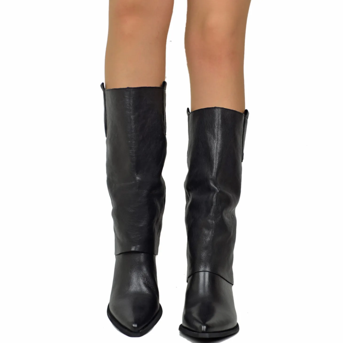 Texani con Ghetta Tacco Medio Vera Pelle Artigianali Black