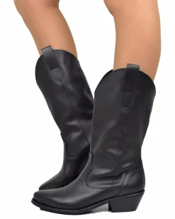 Texani total Black Lisci Tacco Basso 4 cm Classici Neri Vera Pelle Mad