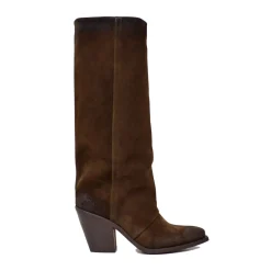 Texans High with Gaiter Suede Leather High Heel Brown