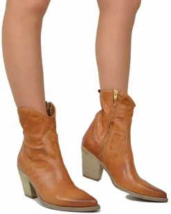 Vintage Leather Summer Ankle Boots – 9 cm Heel, Lightweight, Cognac