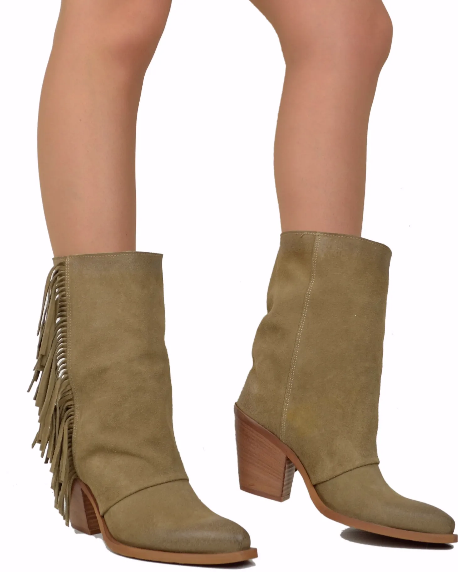 Western Boots with Fringes Suede High Heel 9 cm Taupe