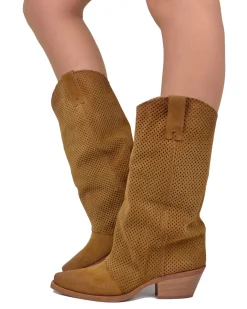Western Boots with Perforated Gaiter, Low Heel, and Dove Gray Suede