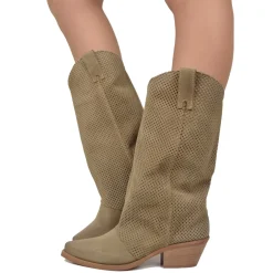 Western Boots with Perforated Gaiter, Low Heel, and Dove Gray Suede