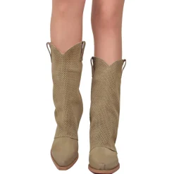 Western Boots with Perforated Gaiter, Low Heel, and Dove Gray Suede