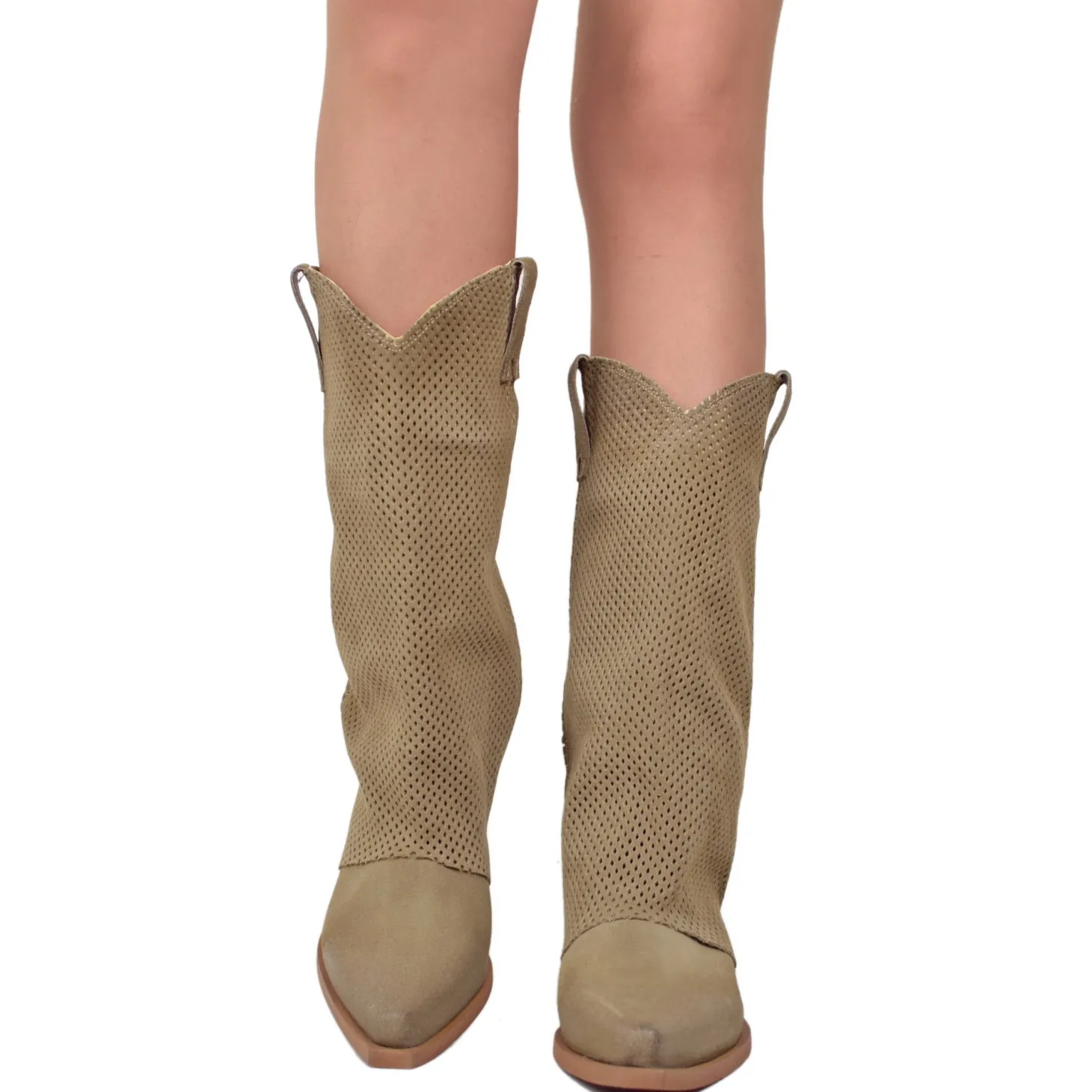 Western Boots with Perforated Gaiter, Low Heel, and Dove Gray Suede