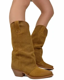 Western Boots with Perforated Gaiter, Low Heel, and Dove Gray Suede