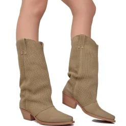 Western Boots with Perforated Gaiter, Low Heel, and Dove Gray Suede