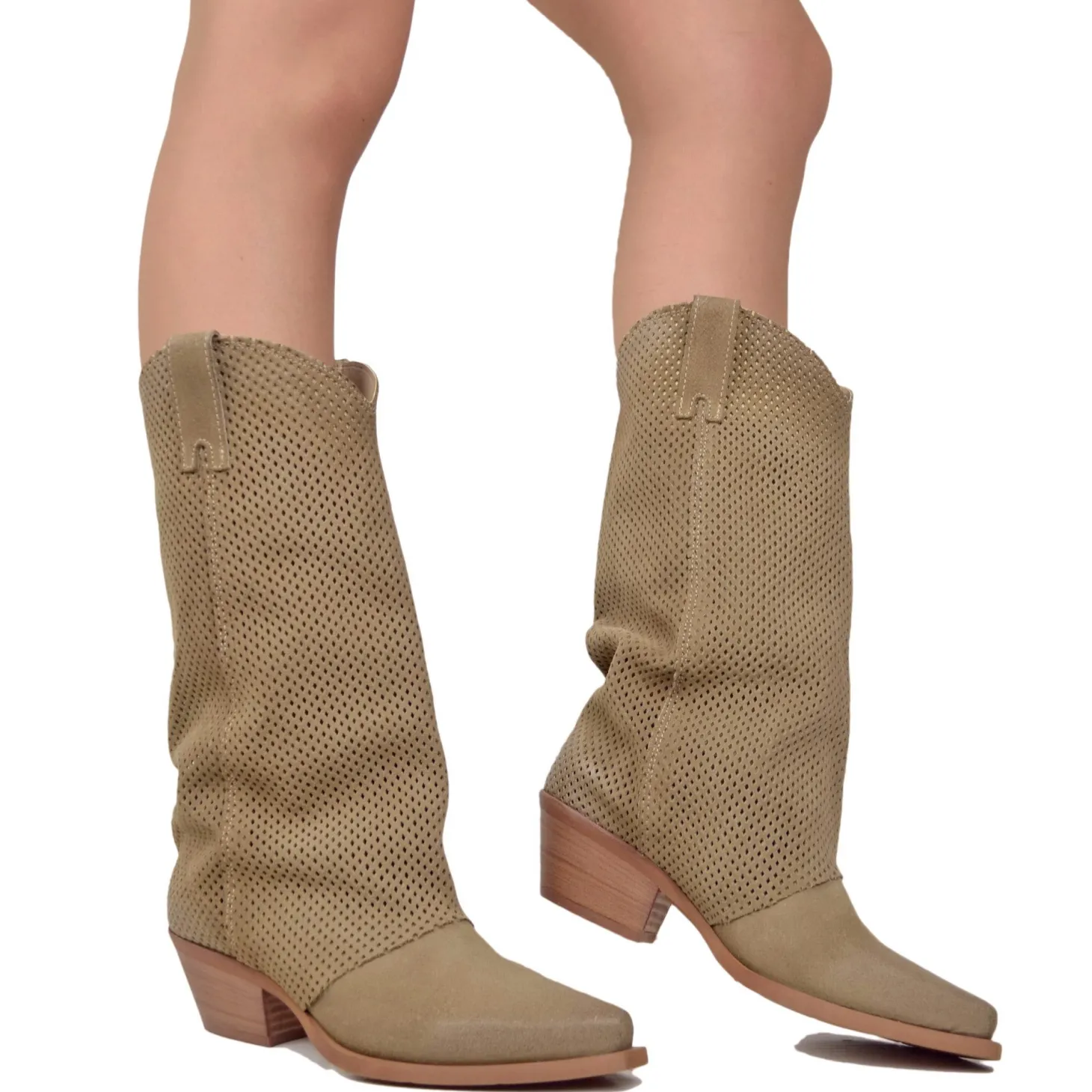 Western Boots with Perforated Gaiter, Low Heel, and Dove Gray Suede