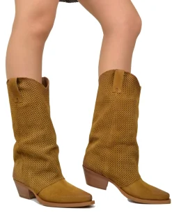Western Boots with Perforated Gaiter, Low Heel, and Dove Gray Suede