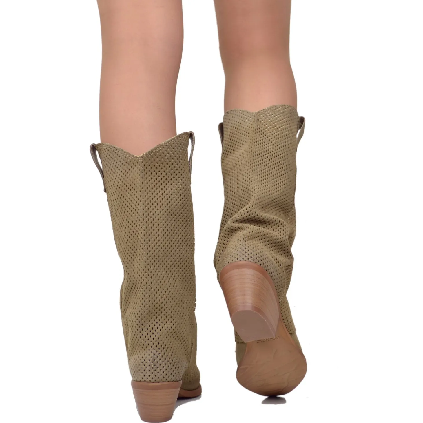 Western Boots with Perforated Gaiter, Low Heel, and Dove Gray Suede