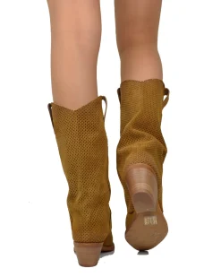 Western Boots with Perforated Gaiter, Low Heel, and Dove Gray Suede