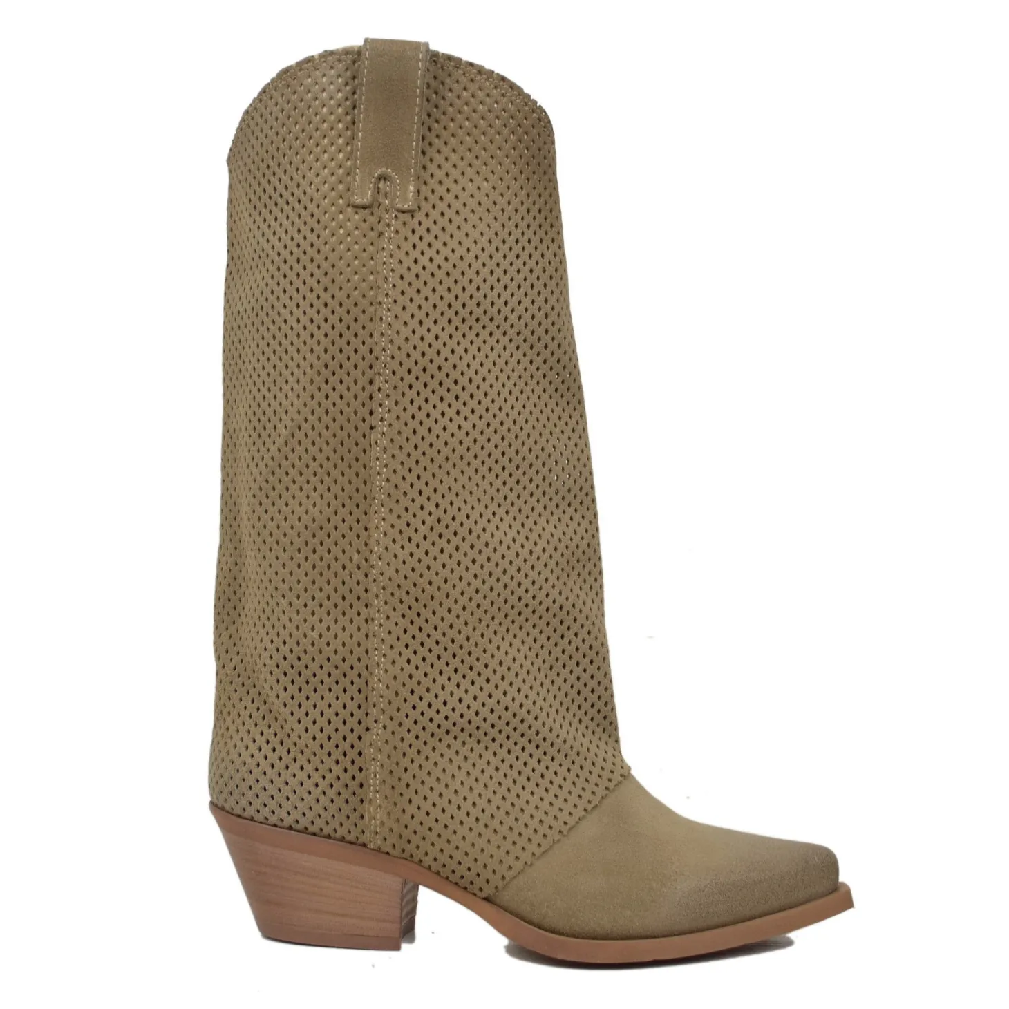 Western Boots with Perforated Gaiter, Low Heel, and Dove Gray Suede