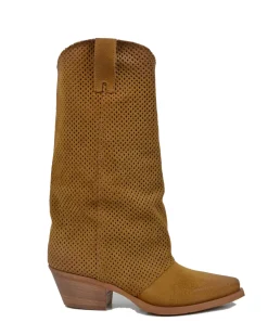 Western Boots with Perforated Gaiter, Low Heel, and Dove Gray Suede