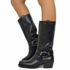 Western Square Toe Boots 5cm Heel Genuine Leather Studded Black
