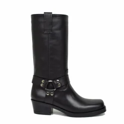 Western Square Toe Boots 5cm Heel Genuine Leather Studded Black
