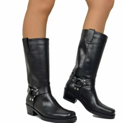 Western Square Toe Boots 5cm Heel Genuine Leather Studded Black