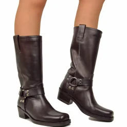 Western Square Toe Boots 5cm Heel Genuine Leather Studded Black