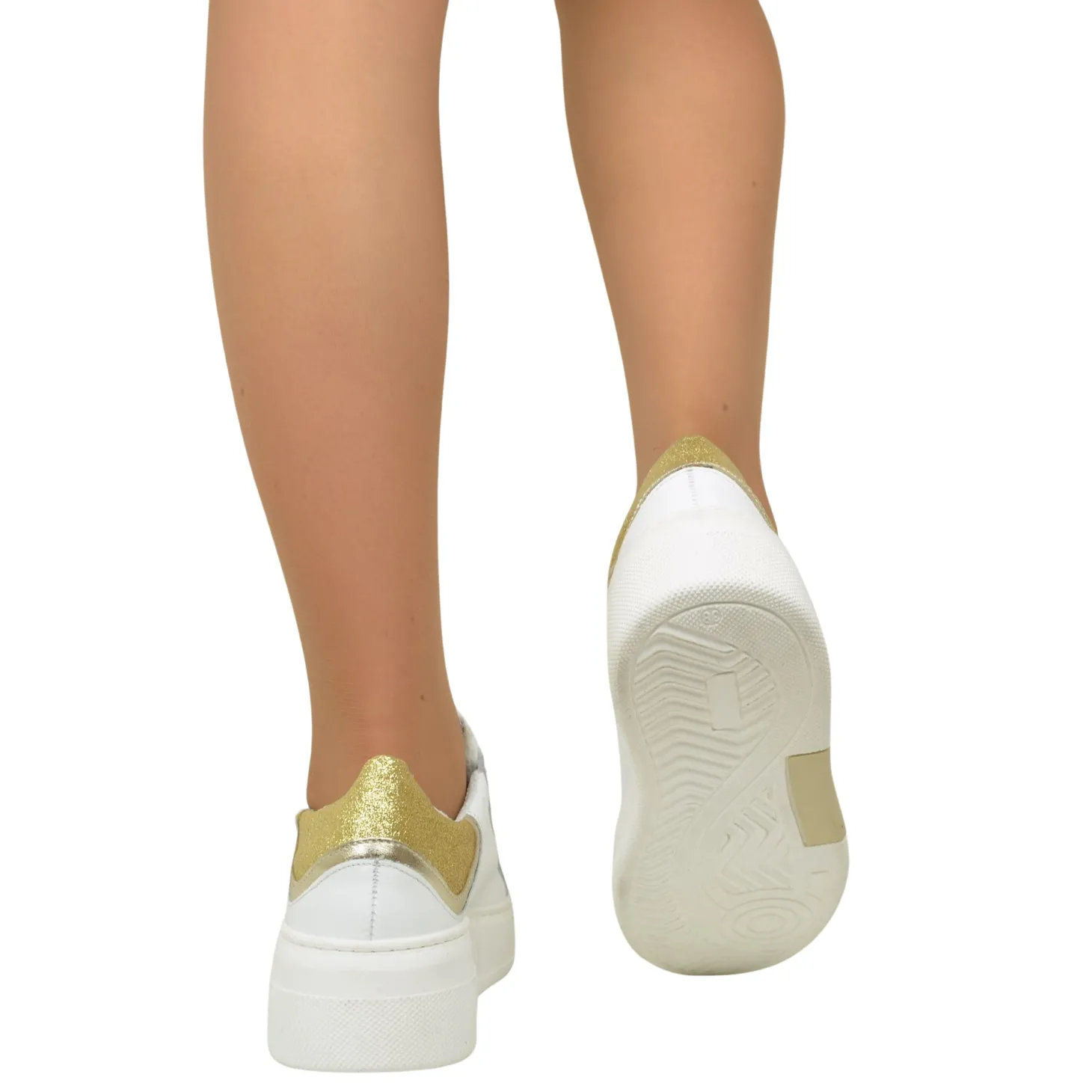 White Sneakers Golden Details Genuine Leather Round Toe Divine Follie