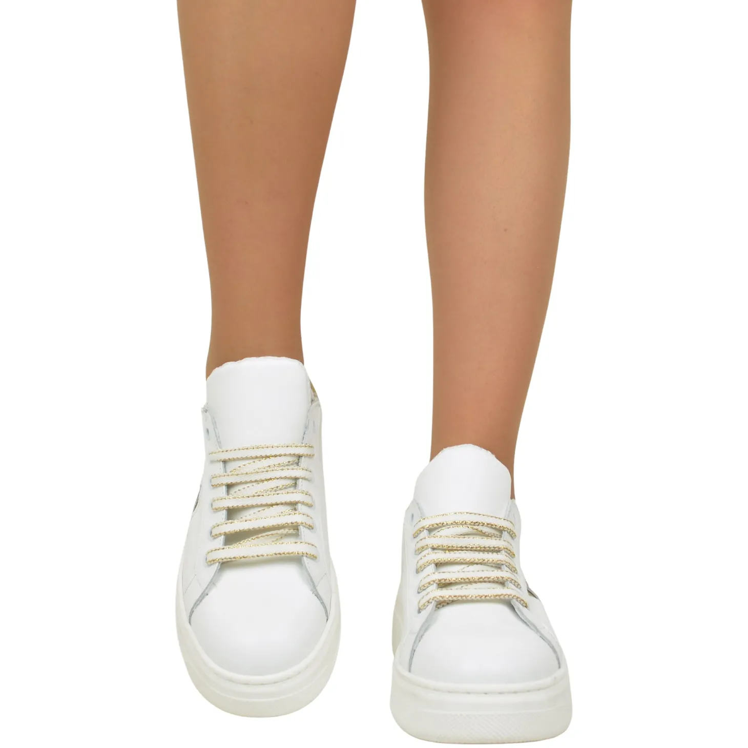 White Sneakers Golden Details Genuine Leather Round Toe Divine Follie