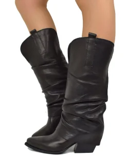 Wide Calf Leather Cowboy Boots with Soft Shaft – 7 cm Heel – Black