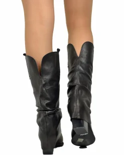 Wide Calf Leather Cowboy Boots with Soft Shaft – 7 cm Heel – Black
