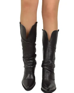 Wide Calf Leather Cowboy Boots with Soft Shaft – 7 cm Heel – Black