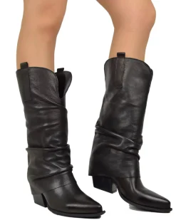 Wide Calf Leather Cowboy Boots with Soft Shaft – 7 cm Heel – Black