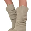 Wide Calf Suede Cowboy Boots with Soft Shaft – 7 cm Heel – Beige