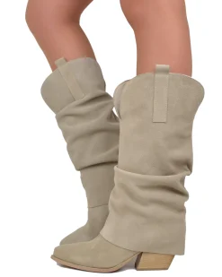Wide Calf Suede Cowboy Boots with Soft Shaft – 7 cm Heel – Beige