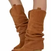 Wide Calf Suede Cowboy Boots with Soft Shaft – 7 cm Heel – Tan