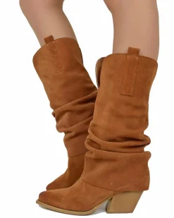 Wide Calf Suede Cowboy Boots with Soft Shaft – 7 cm Heel – Tan