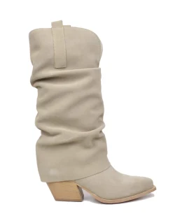 Wide Calf Suede Cowboy Boots with Soft Shaft – 7 cm Heel – Beige
