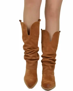 Wide Calf Suede Cowboy Boots with Soft Shaft – 7 cm Heel – Tan