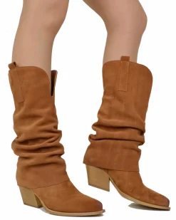 Wide Calf Suede Cowboy Boots with Soft Shaft – 7 cm Heel – Tan