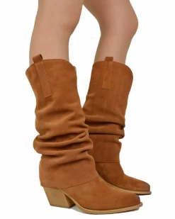 Wide Calf Suede Cowboy Boots with Soft Shaft – 7 cm Heel – Tan