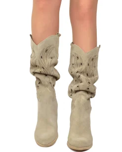 Wide Shaft Perforated Suede Boots – Floral Laser Cut, Beige