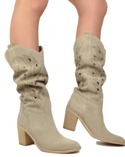 Wide Shaft Perforated Suede Boots – Floral Laser Cut, Beige