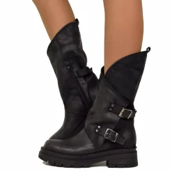 Women's Black Biker Boots with Buckles and Side Zip Made in Italy