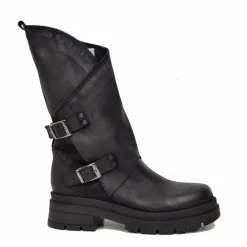 Women's Black Biker Boots with Buckles and Side Zip Made in Italy