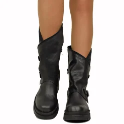 Women's Black Biker Boots with Buckles and Side Zip Made in Italy