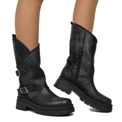 Women's Black Biker Boots with Buckles and Side Zip Made in Italy