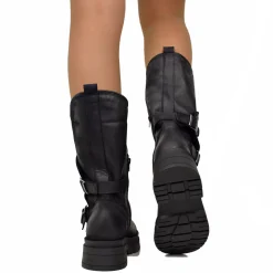Women's Black Biker Boots with Buckles and Side Zip Made in Italy