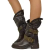 Women's Black Leather Biker Boots with Studs and Buckles Made in Italy