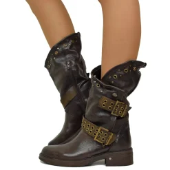 Women's Black Leather Biker Boots with Studs and Buckles Made in Italy